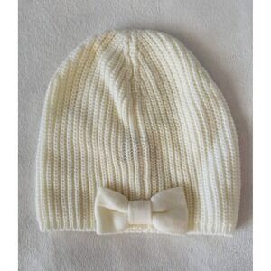 Kate Spade New York Cream Ribbed Knit Beanie Hat with Bow Women